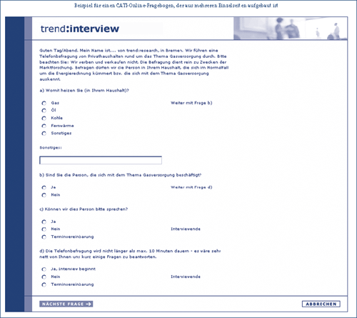 Beispiel für einen CATI-Online-Fragebogen, der aus mehreren Einzelseiten aufgebaut ist